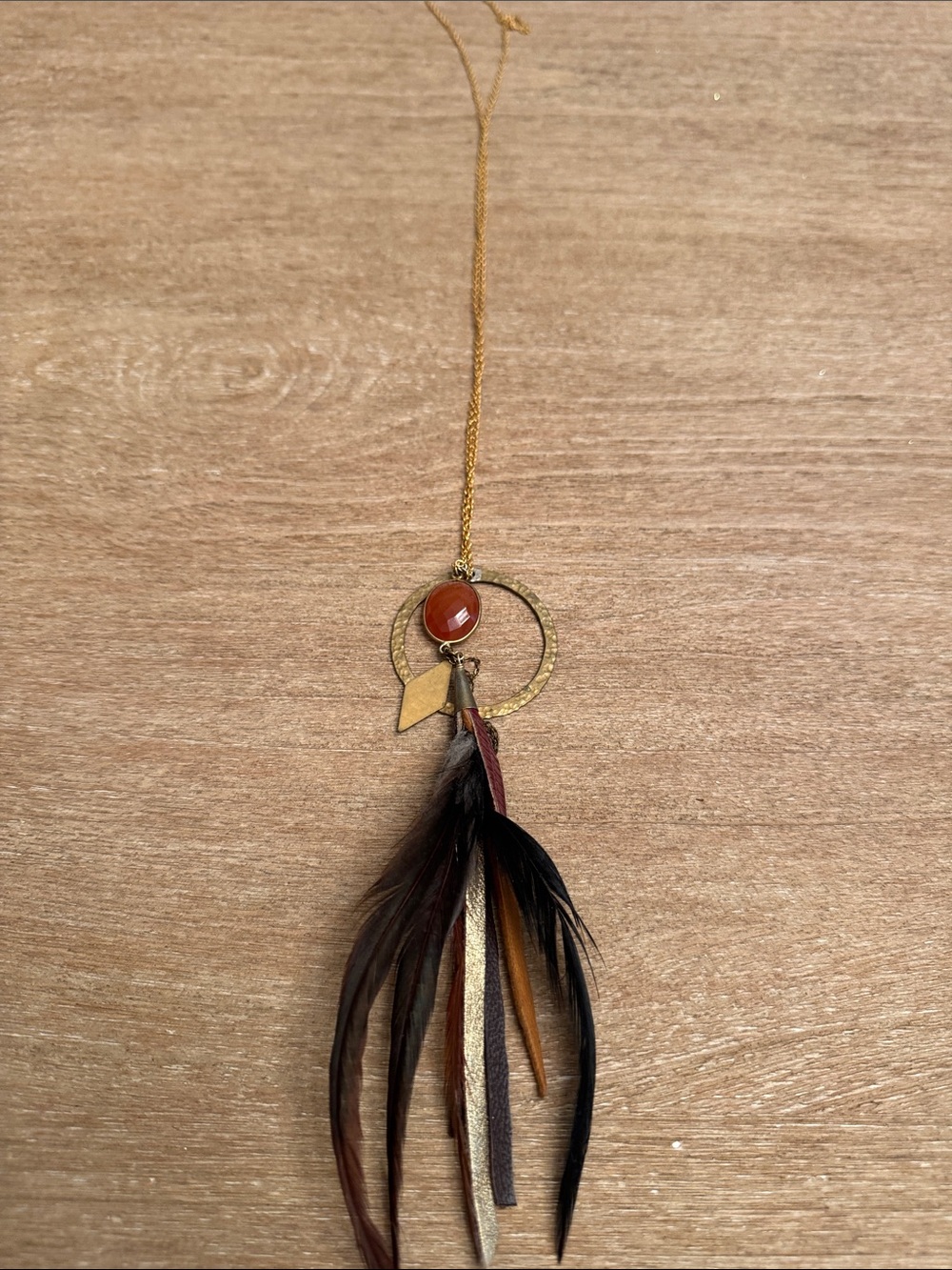 Boho Feather Pendant Necklace with Amber Stone